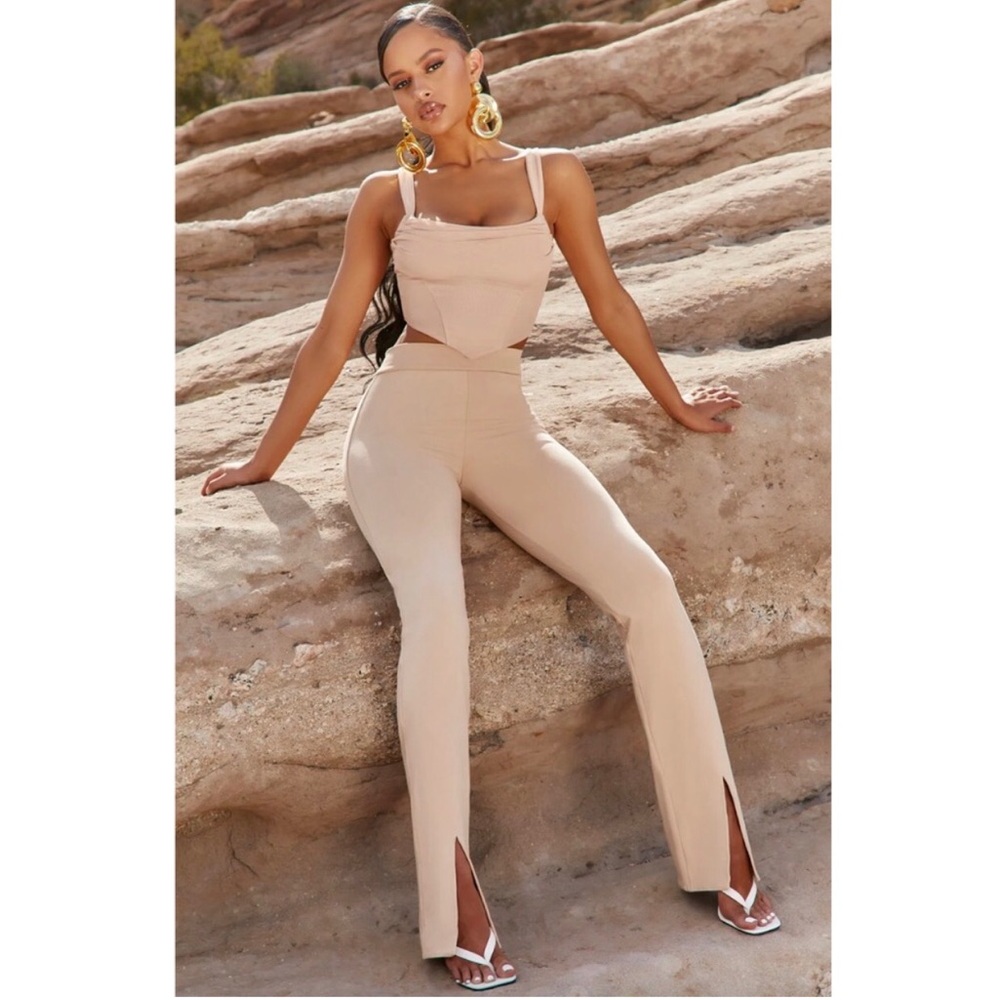 NWT Oh Polly Make A Move High Waisted Split Hem Pants in Beige Size 6